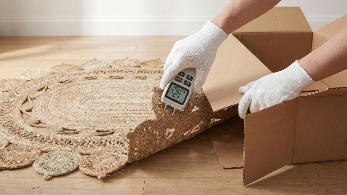 QC team measuring seagrass rug moisture before shipment
