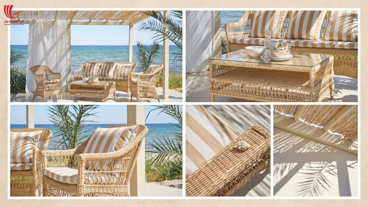Wicker deck furniture packed for international sea freight export