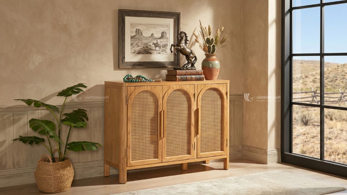 Functional storage cabinet blending natural materials and craftsmanship