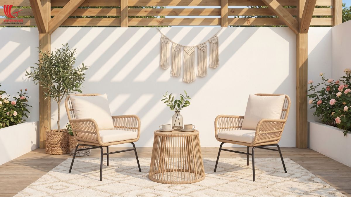 Curved wicker patio furniture handcrafted by skilled Vietnamese artisans