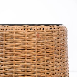 Outdoor faux rattan planter with realistic wicker weave and elegant brown finish