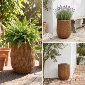 Large faux rattan planter suitable for hotels, cafés, and commercial landscapes
