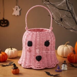 Straw Ghost Wholesale Handwoven Pink Ghost Candy Holder Basket – Custom OEM/ODM Halloween Candy Bucket