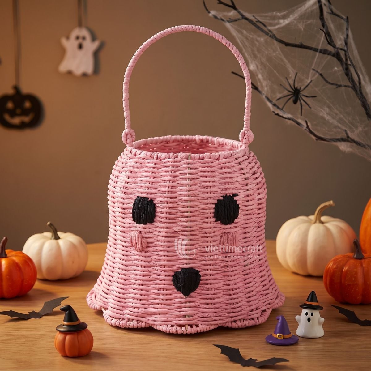 Straw Ghost Wholesale Handwoven Pink Ghost Candy Holder Basket – Custom OEM/ODM Halloween Candy Bucket
