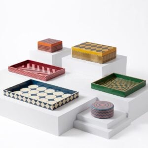 Handcrafted geometric MDF lacquer tray and decorative box set for HORECA and wholesale B2B