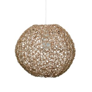 Natural organic globe rattan pendant light hanging above a rustic wooden lounge for cozy cafe and hotel decor