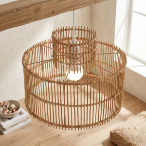 Two-tiered natural rattan pendant lampshade with vertical rod weave for wholesale