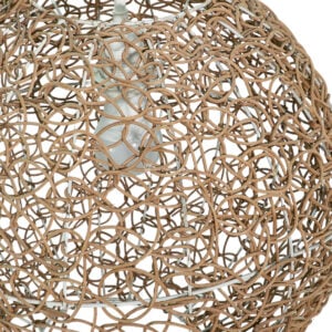 Handcrafted spherical rattan pendant lampshade featuring a natural random weave structure