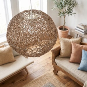 Export-grade spherical woven rattan lampshade manufactured in Vietnam for wholesale distributors and interior projects.