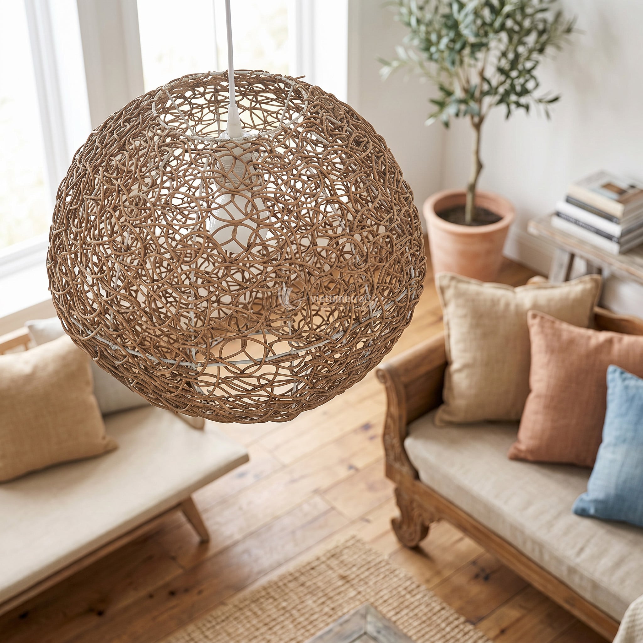 Export-grade spherical woven rattan lampshade manufactured in Vietnam for wholesale distributors and interior projects.