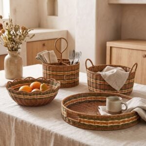 Round rattan serving tray with handles and scalloped wavy woven basket for hotel buffet