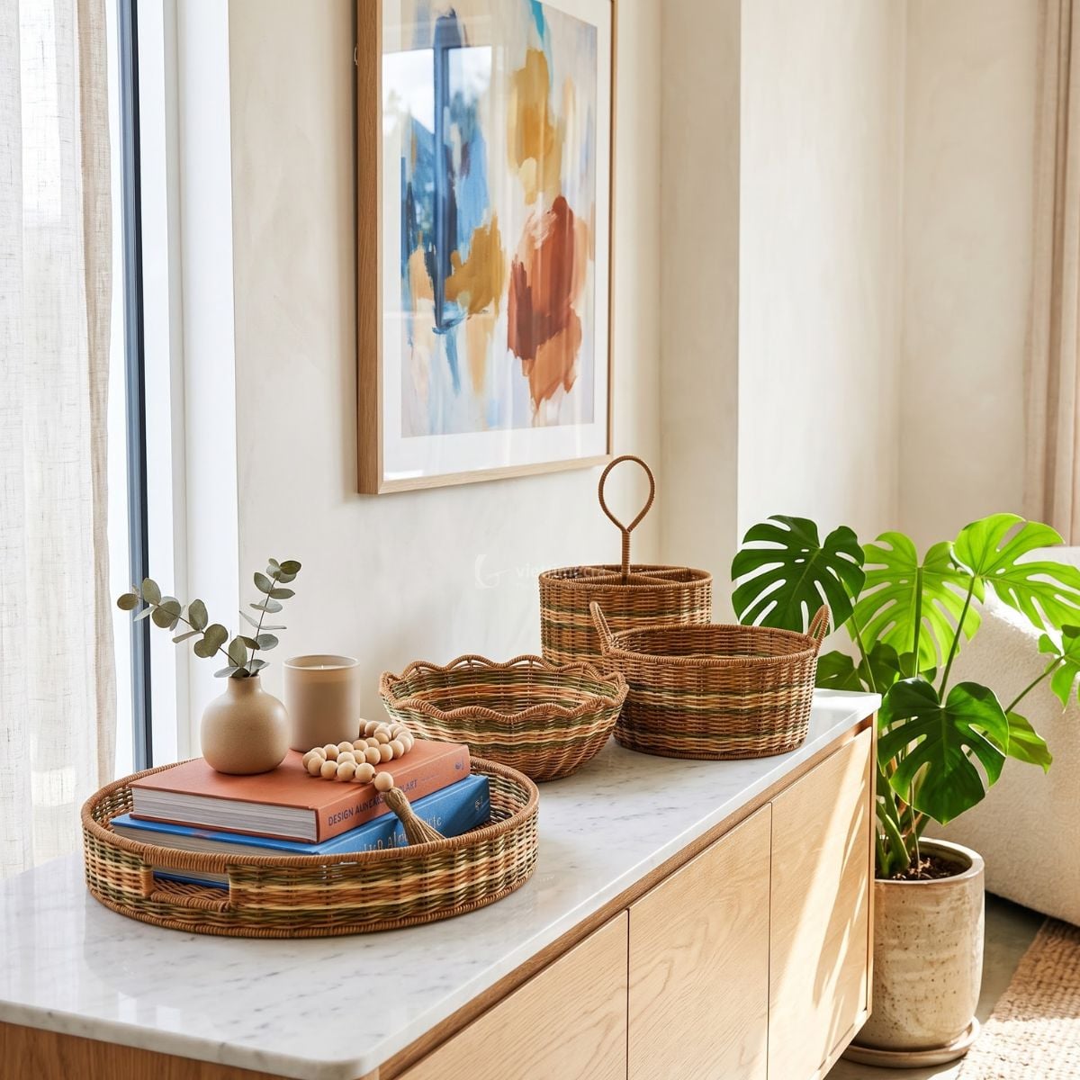 Handcrafted rattan tray and basket set with colorful woven stripes for wholesale B2B