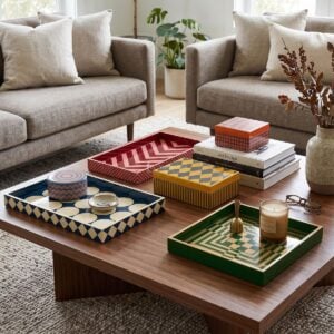 High-gloss navy blue MDF lacquer serving tray for luxury hotel and restaurant amenity decor