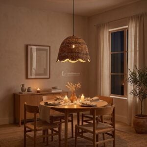 Scalloped water hyacinth pendant lampshade hanging in modern resort cafe dining area