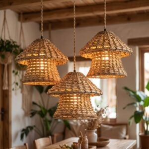 Set of 3 mushroom pendant light shades woven from natural water hyacinth and seagrass hanging at staggered heights