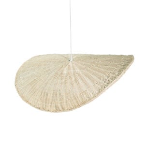 Bottom view of wide brim wavy rattan lampshade providing downward light distribution