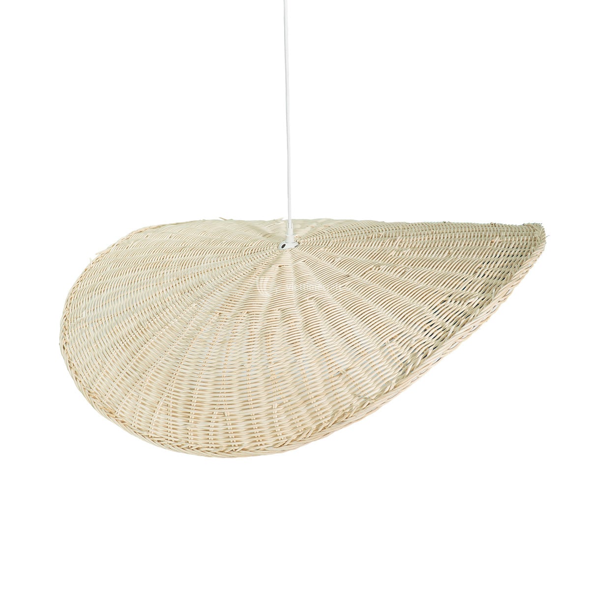 Bottom view of wide brim wavy rattan lampshade providing downward light distribution